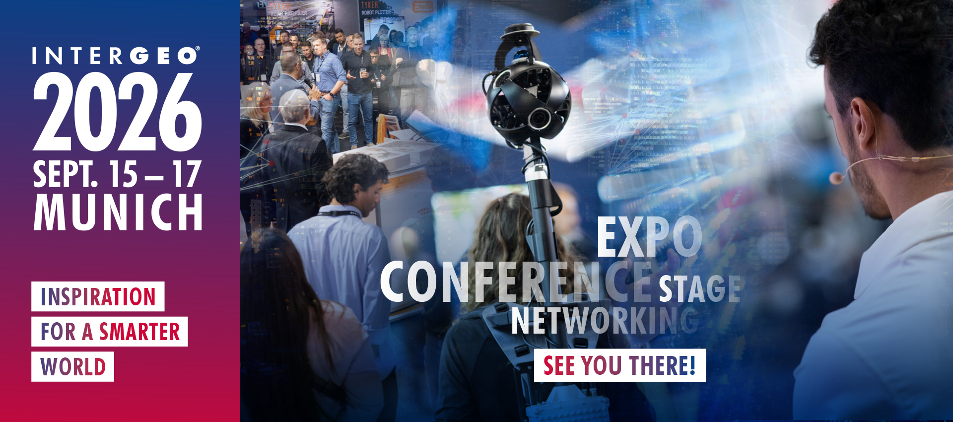 Offizielles Keyvisual der INTERGEO 2026: Messeimpression mit einem mobilen Laserscanner, daneben die Angaben INTERGEO 2026, 15.–17. September, München und das Motto Inspiration for a smarter world